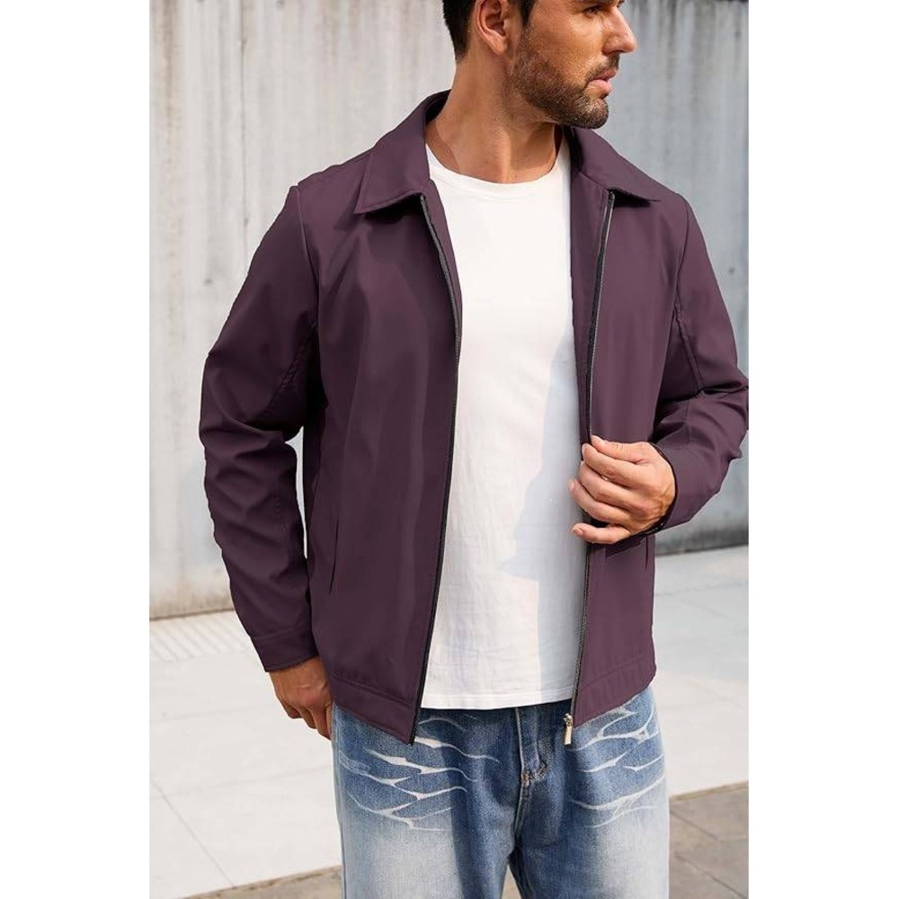 Mens Plum Purple Harrington Jacket Full Zip Plaid Lined Casual Windbreaker Coat - Picture 5 of 5